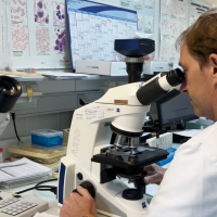 biologiste qui regarde au mircoscope